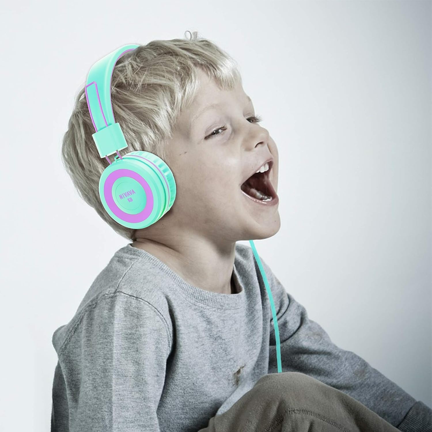 Kids Headphones, K8 Wired Headphones for Kids with Adjustable Headband 3.5 MM Jack for School, Foldable On-Ear Headset for Girls Boys Kindle Tablet Cellphones Airplane Travel(Green Purple)