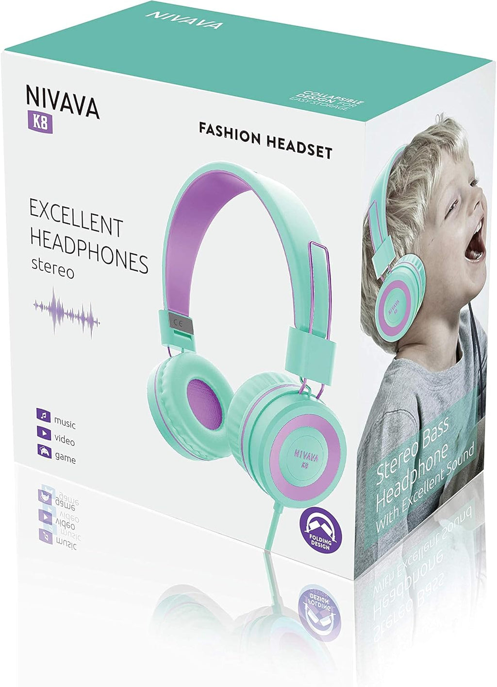 Kids Headphones, K8 Wired Headphones for Kids with Adjustable Headband 3.5 MM Jack for School, Foldable On-Ear Headset for Girls Boys Kindle Tablet Cellphones Airplane Travel(Green Purple)