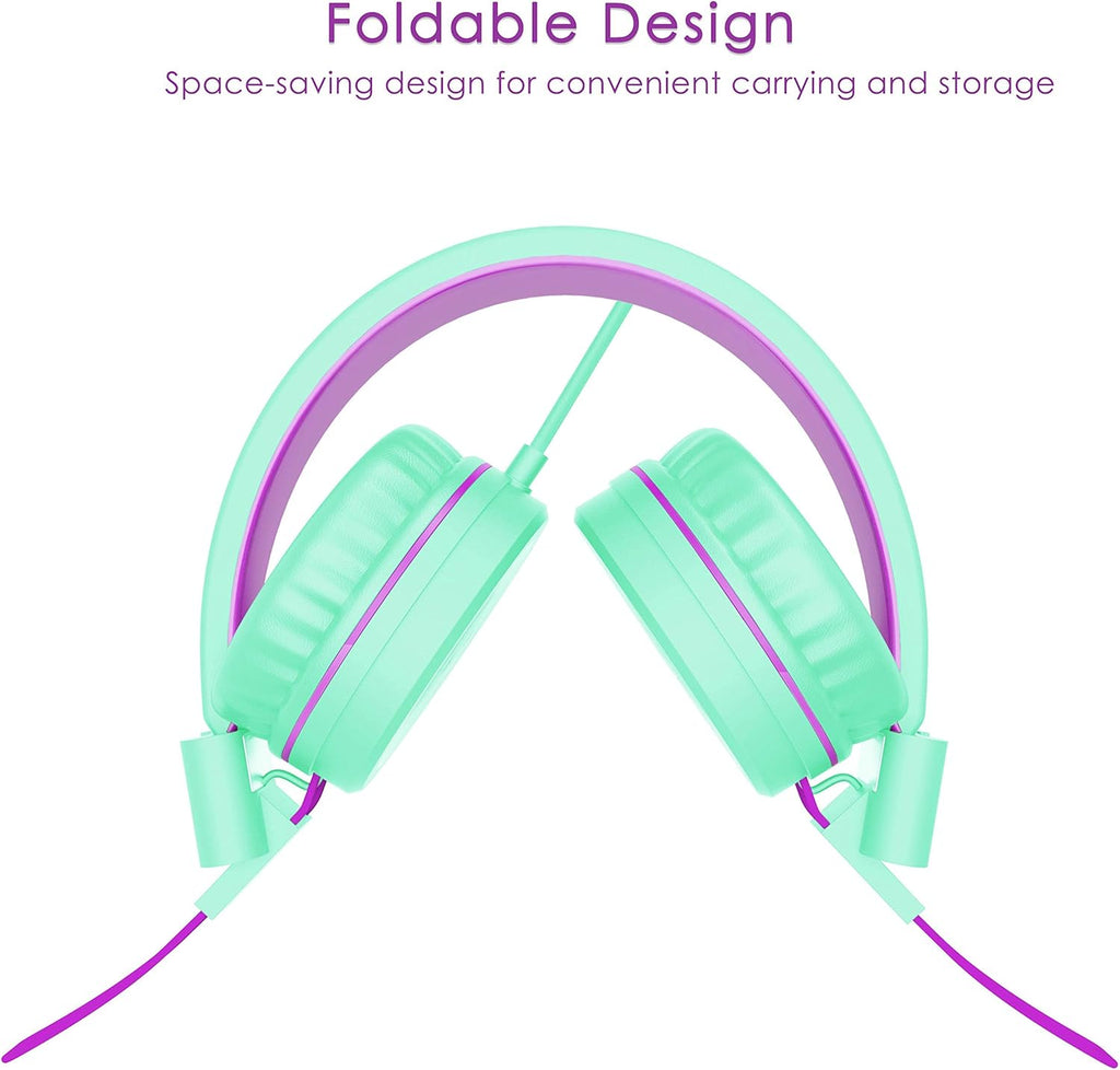 Kids Headphones, K8 Wired Headphones for Kids with Adjustable Headband 3.5 MM Jack for School, Foldable On-Ear Headset for Girls Boys Kindle Tablet Cellphones Airplane Travel(Green Purple)