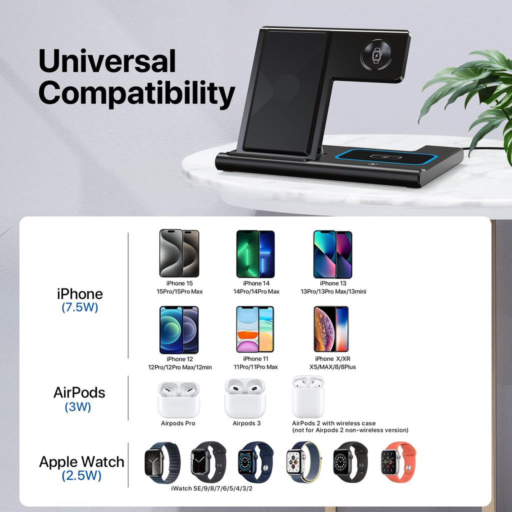 Wireless Charging Station, 3 in 1 Foldable Wireless Charger Stand for Iphone 15/14/13/12/11 Series/Xr/X/Xs/8, Airpods 3/2/Pro, Apple Watch(Black)
