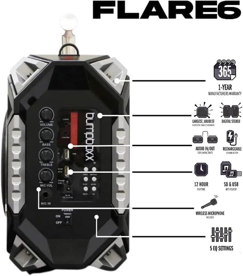 Bluetooth Boombox Flare6 Black | Retro Boombox with Bluetooth Speaker | Includes Rechargeable Lithium Battery, Carrying Strap & Remote | Quality Loud Sound with Bass