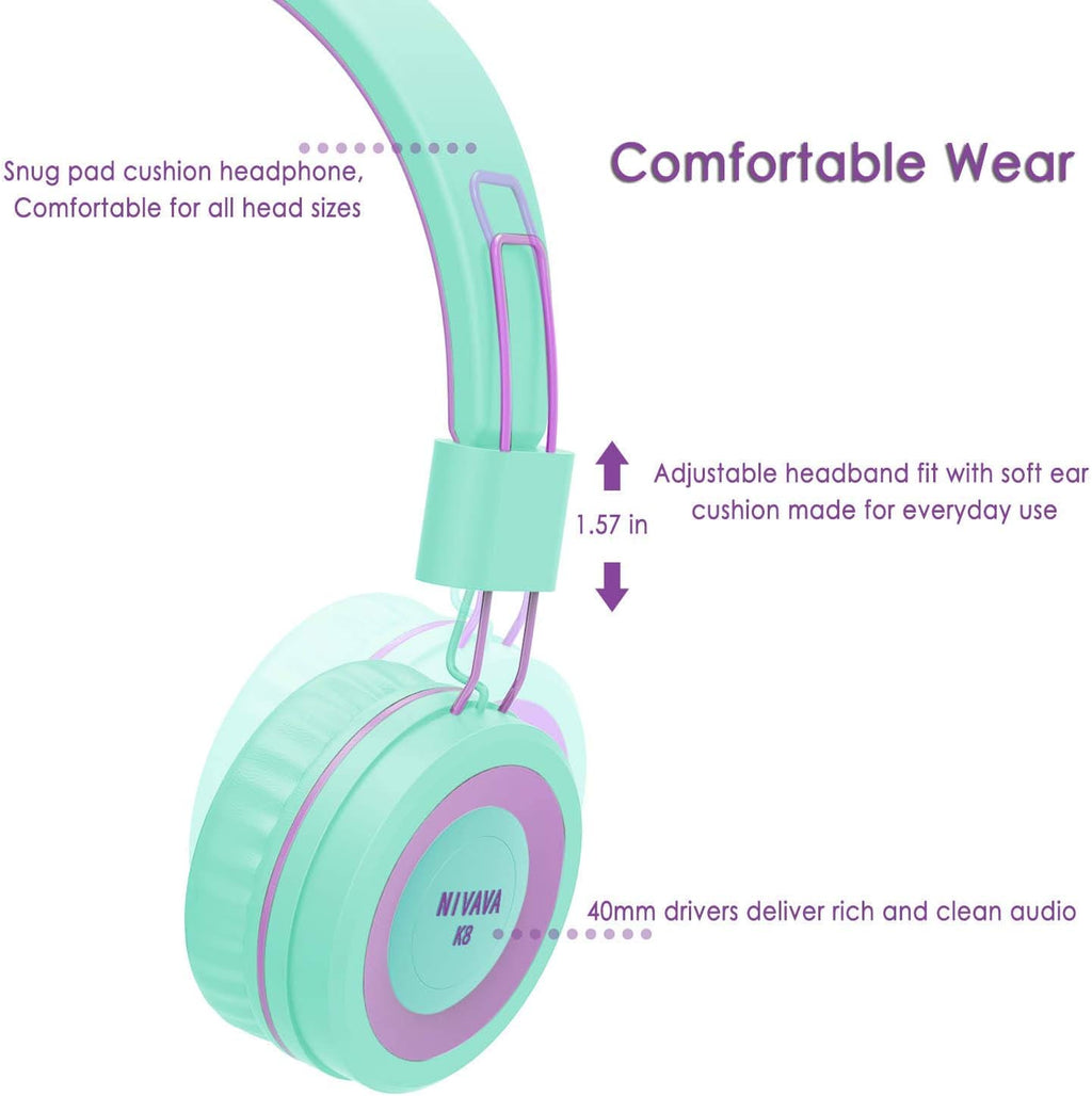 Kids Headphones, K8 Wired Headphones for Kids with Adjustable Headband 3.5 MM Jack for School, Foldable On-Ear Headset for Girls Boys Kindle Tablet Cellphones Airplane Travel(Green Purple)