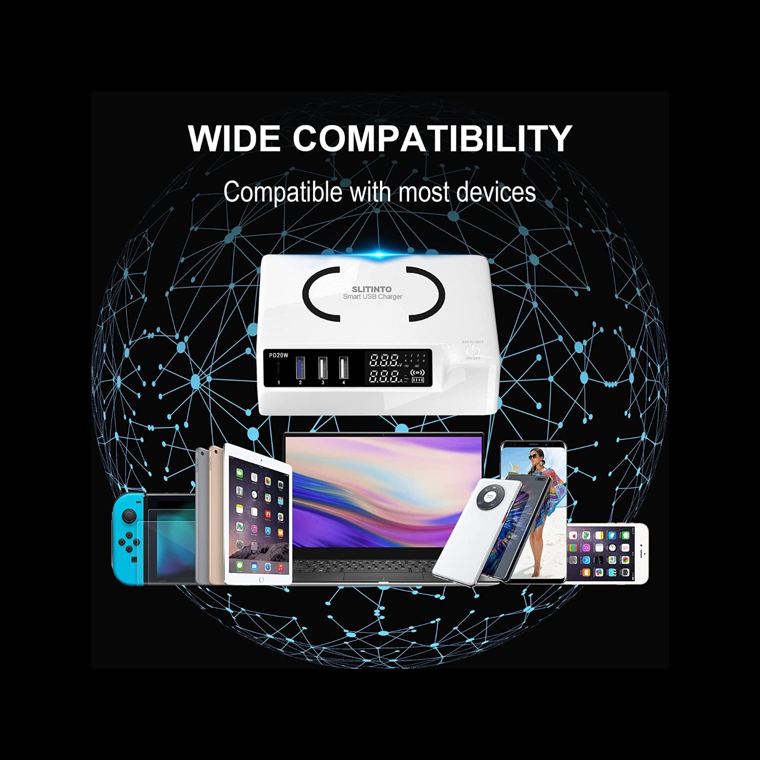 USB Charger Upgraded Version,  65W 12A 4-Port USB Charging Station 20W PD Charger and QC3.0 Multi Port USB C Charger Hub with Adjust Brightness LCD Display for Iphone Ipad Huawei and More